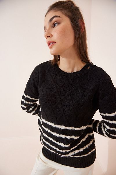 Happiness İstanbul Pulover de damă din tricot cu dungi cu umăr negru cu nasturi LX00039