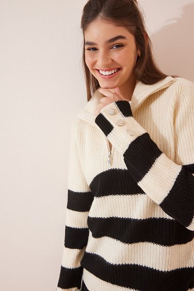 Happiness İstanbul Damen-Strickpullover mit Rollkragen und Streifen, Knochenschwarz, Reißverschluss, LX00042