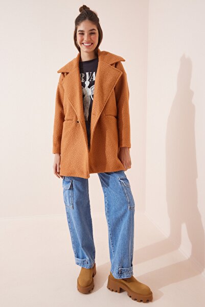 Happiness İstanbul Women's Light Cinnamon Oversize Boucle Coat OH00029