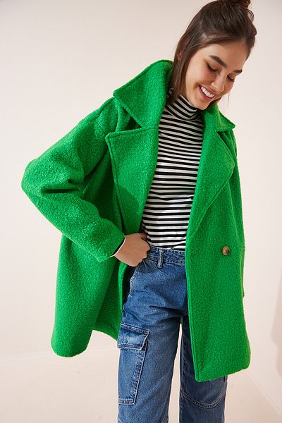 Happiness İstanbul Dámský světle zelený kabát oversize Boucle OH00029