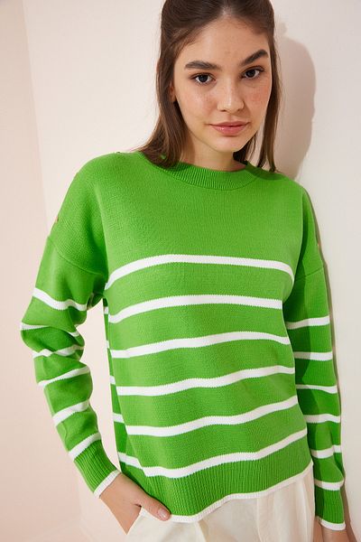 Happiness İstanbul Women's Green Button Detailed Striped Knit Sweater LX00043