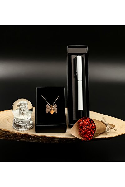 Bonitagift Gold Kelebek Kolye& Melek Kar Küre& Mat Beyaz Roller Kalem& Turunc...