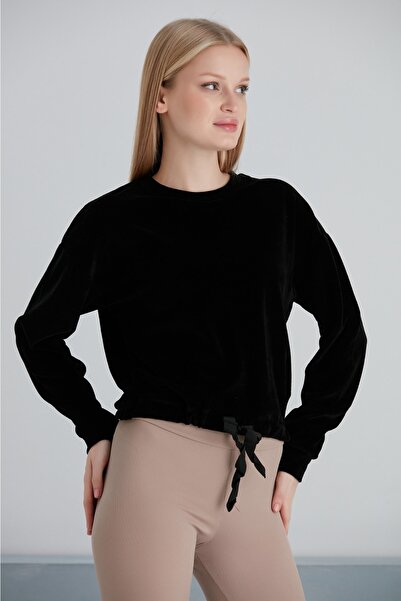 İBABUTİK Kadın Kadife Siyah Bisiklet Yaka Sweatshirt