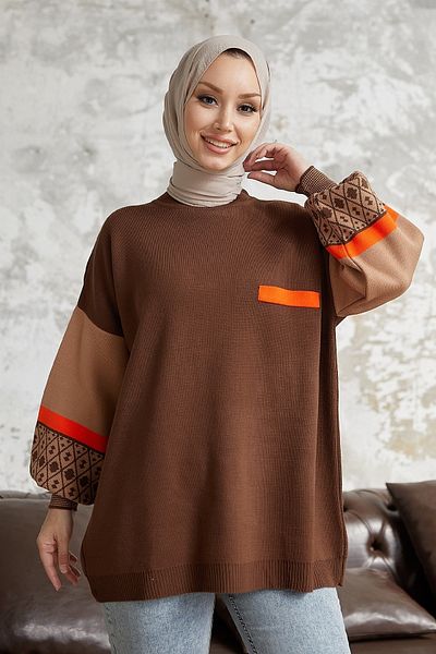InStyle Aren-Ärmel-Strickpullover mit ethnischem Muster – Bitterbraun