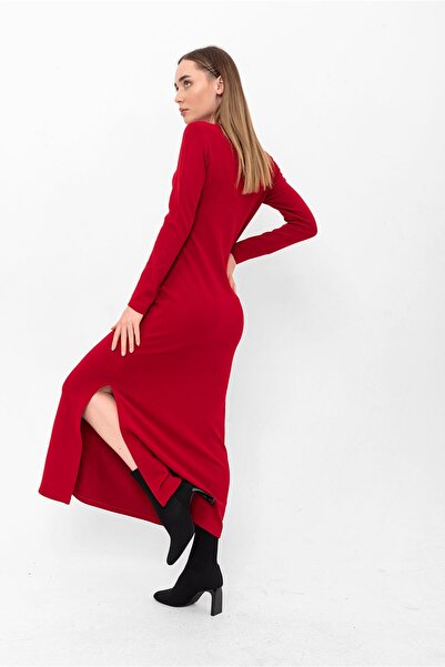 Laranor Kırmızı Bisiklet Yaka Yırtmaçlı Uzun Triko Elbise
