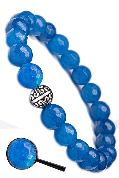 Tesbih Atölyesi Certified Faceted Blue Agate Stone Bracelet - With Silver Device