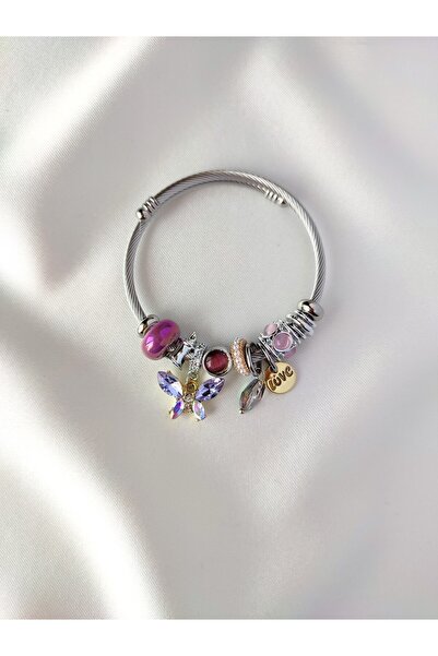 Evorya Model Charmlı Kelebekli Mor Çelik Kadın Bileklik
