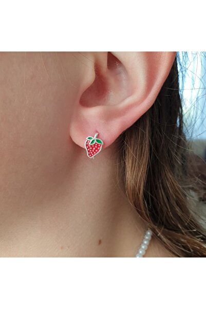 MAGRİB Kırmızı Çilekli Gümüş Çocuk Küpesi