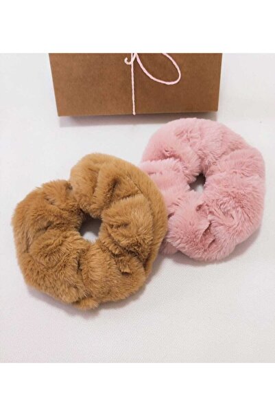 elvin aksesuar Peluş Lastik Simit Toka Seti 2 Adet Pembe Ve Açık Kahverengi L...