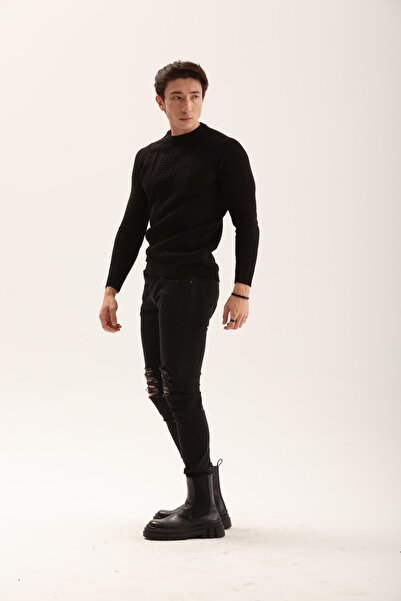 THIMOON Men's Black Crew Neck Hair Knit Sweater