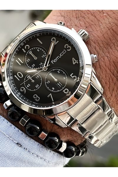 Ferrucci Brand 2 Year Warranty, Steel Strap Silver Color, Men's Wristwatch with Numbers