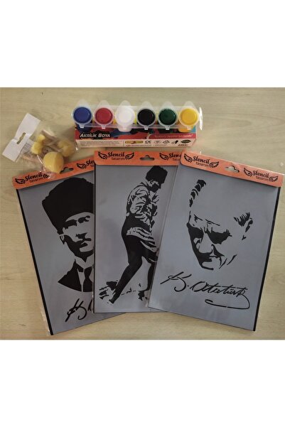 STENCİLTASARIM Stencil Tasarım Atatürk Seti, 6 Lı 25 Ml Lik Akrilik Boya, 3 A...