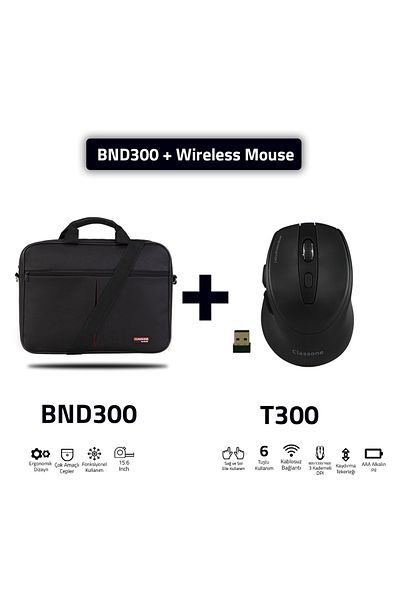 Classone Bnd300-t300 - كمبيوتر محمول بشاشة 15.6 بوصة من سلسلة Eco، حقيبة يد للكمبيوتر المحمول - أسود + ماوس لاسلكي T300