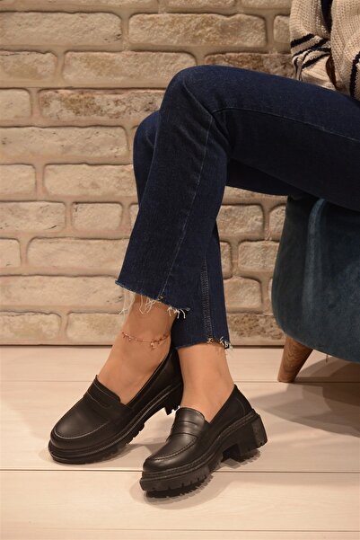 Isy Kadın Siyah Cilt Kalın Taban Oxford Ayakkabı