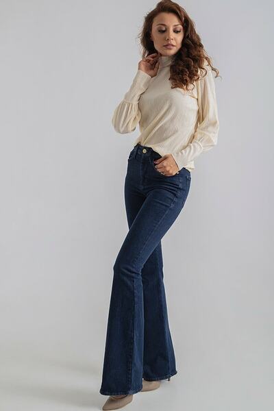 LİMABEL Lora Flare Lycra Colorfast Dark Blue Wide Leg Jean High Waist Denim Trousers (Relaxed Cut)