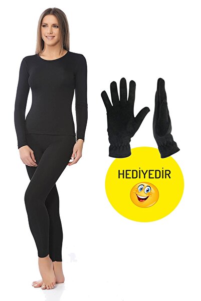 Katmirra Set de cămașă de corp și colanți termici negri + mănuși din lână cu cadou