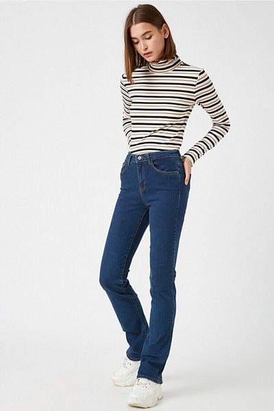 LİMABEL Cazul Spaniol Lycra Colorfast Albastru Inchis Spaniol Flare Leg Jean Pantaloni Denim Talie Inalta