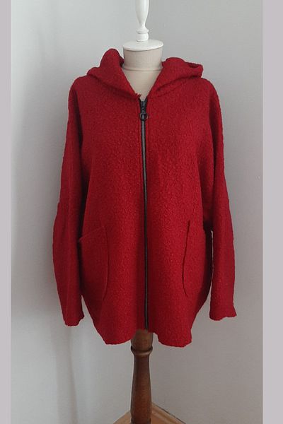 AYASOFYA OTANTIK Women's Italian Red Hooded Short Boucle Coat with Zipper Pockets