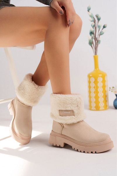 STARK SHOES Γυναικείες μπότες σουέντ σε μπεζ γούνα