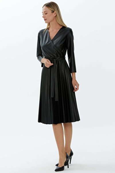 Selen Giyim Kruvaze Eteği Pliseli Deri Elbise