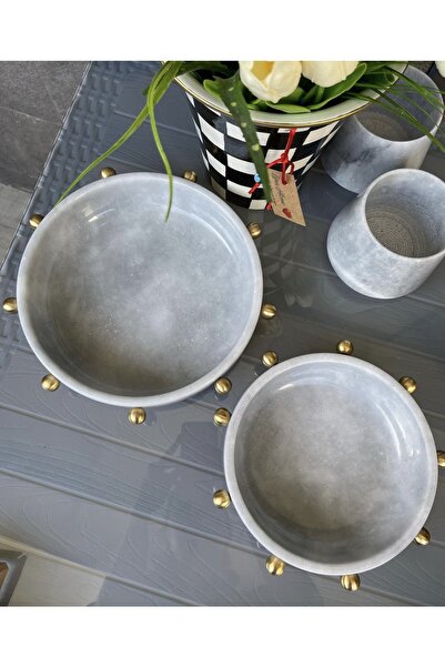 MIARIK DESIGN & DEKORASYON Gri Mermer Gold Pirinç Top Detayli Kase