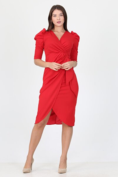 Neşeli Butik Women's Wrap Double Breasted Collar Slit Detailed Midi Length Dr...