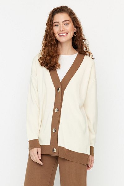 Trendyol Modest Brown Stripe Detailed Cardigan-Pants Knitwear Set TCTAW22AU0156