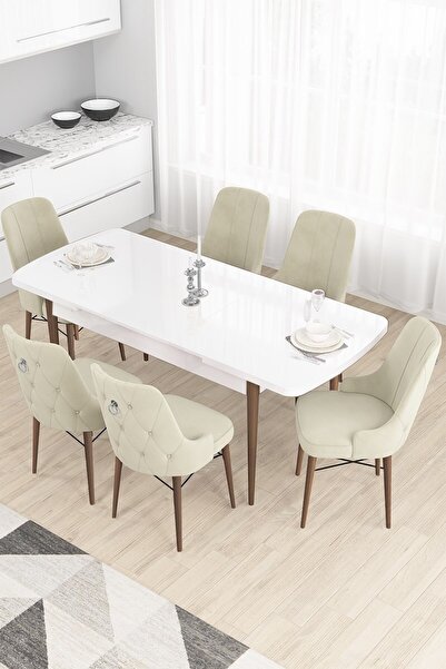 Canisa Taç Serisi, 80x132 Açılabilir Beyaz Masa Ceviz Ayak Yemek Masası 6 Kre...