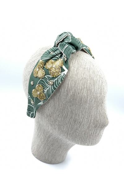 ZELİCE TASARIM Green Leaf Pattern Beaded Knotted Satin Crown Yyds01