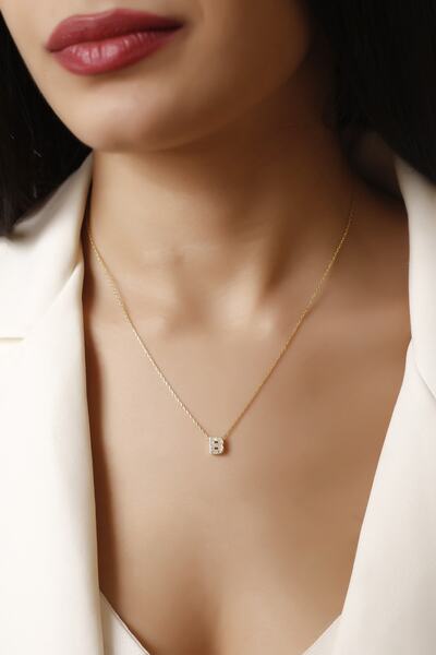 Lia Berto Altın Kaplama Taşlı B Harfi 925 Ayar Gümüş Kolye