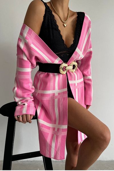 lovebox Women's Pink Knitwear Fabric Stripe Patterned Long Sleeve Cardigan 0190