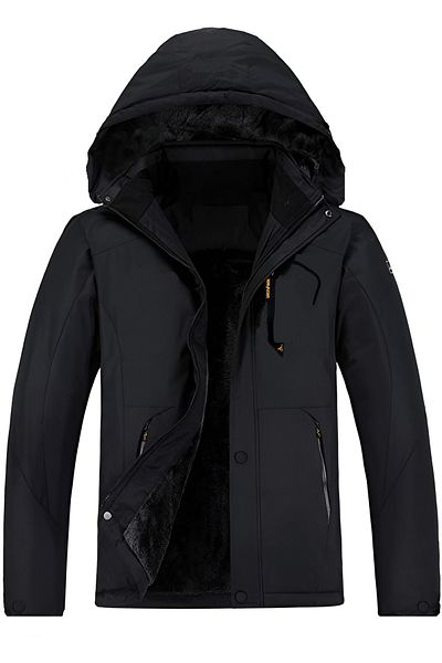 Oliggopol Ανδρικό μαύρο παλτό Softshell με γούνα στο εσωτερικό, αδιάβροχο και αντιανεμικό αθλητικό παλτό New Season