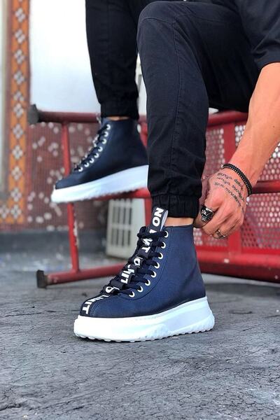 Mida Shoes Navy Blue Leather Men's Half Ankle Boots