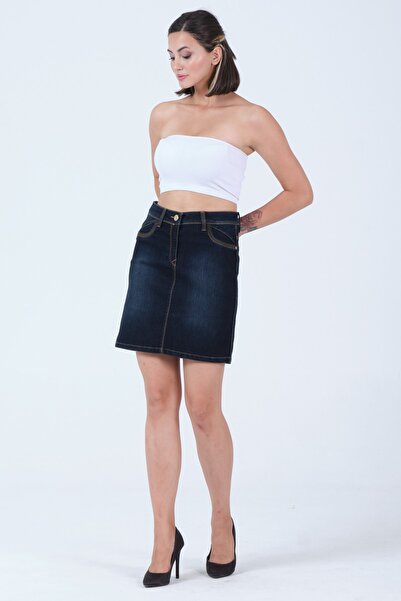 Barkaist Mavi Siyah Cep Detaylı Mini Kot Etek