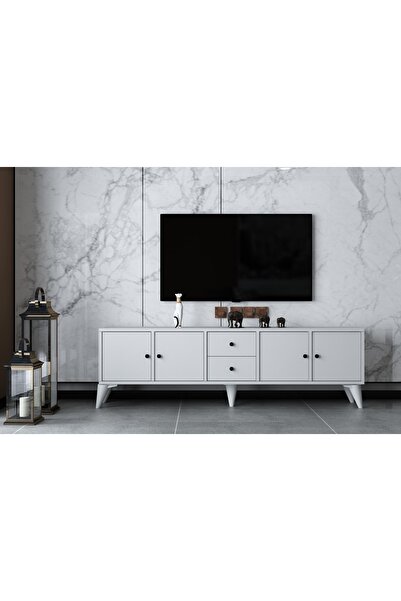 Nettrends Dört Kapaklı Iki Çekmeceli Ayaklı Tv Ünitesi Beyaz 160 Cm Tv-1323-ç