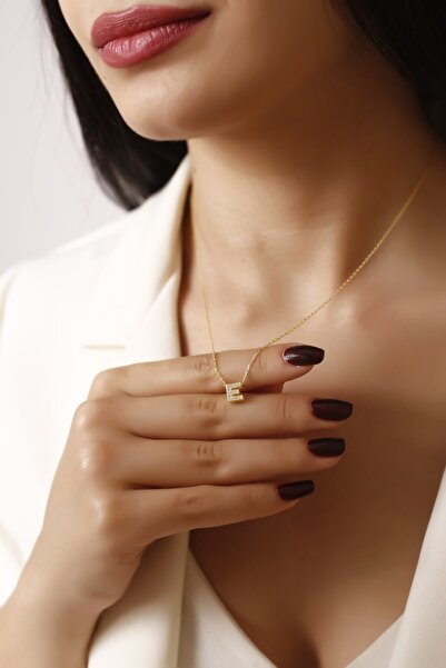 Lia Berto Altın Kaplama Taşlı E Harfi 925 Ayar Gümüş Kolye