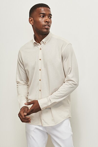 ALTINYILDIZ CLASSICS Pánská béžová slim střih úzkého střihu Oxford s knoflíkovým límcem Pique vzorovaná bavlněná košile