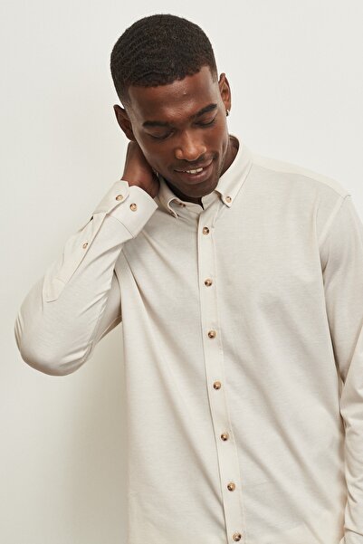 ALTINYILDIZ CLASSICS Pánská béžová slim střih úzkého střihu Oxford s knoflíkovým límcem Pique vzorovaná bavlněná košile