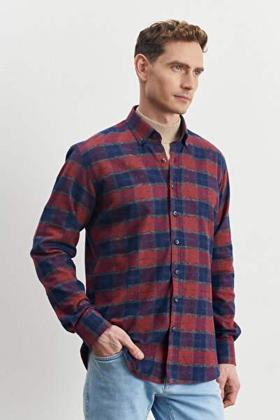 ALTINYILDIZ CLASSICS Erkek Lacivert-bordo Comfort Fit Rahat Kesim Düğmeli Yaka %100 Pamuk Flanel Oduncu Gömlek