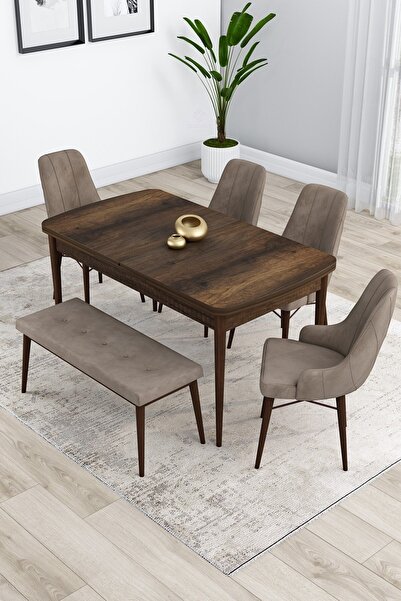 Canisa Kar Serisi, 80x132 Mdf Yemek Odası Takımı, Barok Ahşap Desen Masa 4 Ca...