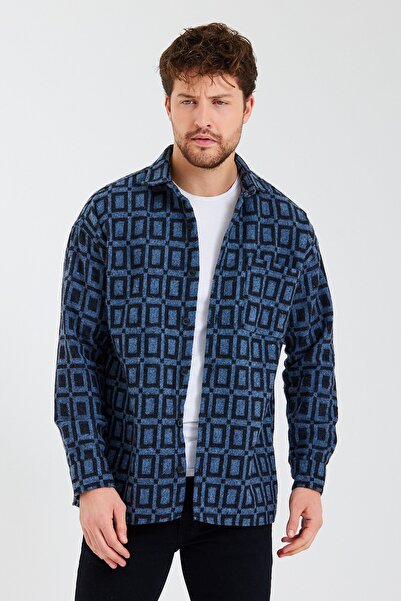 CLIPMAN Erkek Slim Fit Hakiki Jakarlı Oduncu Gömleği Mavi