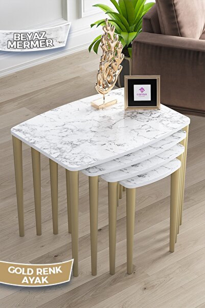 Canisa Telwe Serisi Mdf 1.sınıf 4lü Beyaz Mermer Desen Zigon Sehpa Takımı, Go...