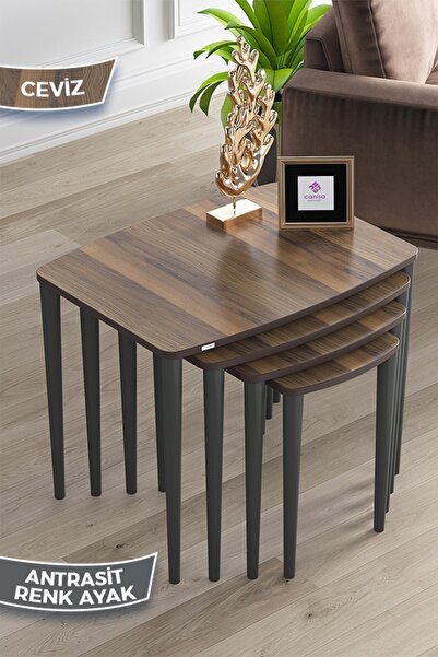 Canisa Telwe Serisi Mdf 1.sınıf 4lü Ceviz Zigon Sehpa Takımı, Antrasit Gürgen...