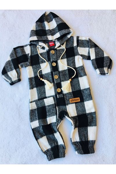 DIDuStore 1/3 Year Old Baby Clothing Models Lumberjack Plaid Front Buttoned Hooded Baby Suit Jumpsuit