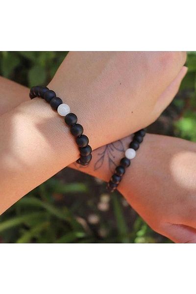 The Collection Glow in the Dark 2 Pieces Single Cat's Eye and Onyx Natural Stone Friendship Bracelet