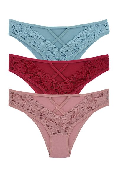 Zena Slip de damă din 3 piese din bumbac din dantelă în față și fereastră