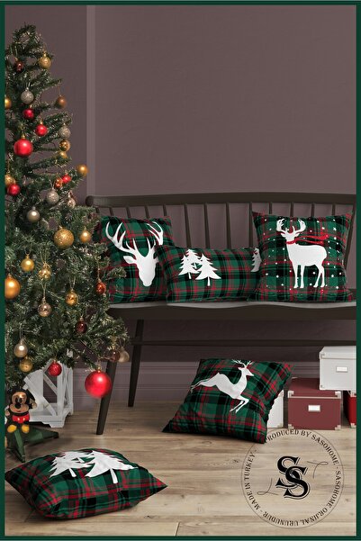 SasoHome Green New Year's Plaid and Deers Patterned 5-Piece Combination Patterned Digital Printed Throw Pillow Cover