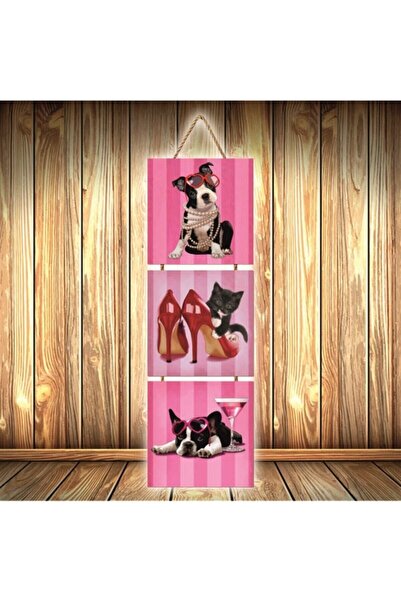 Genel Markalar Süslü Köpek Kedi Tasarımlı Üçlü Retro Ahşap Poster Ü487