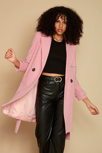 Select Moda Women's Pink Button Closure Lined Belted Cashmere Coat