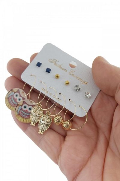 AKIN AKSESUAR HEDİYELİK Set of 12 Owl Figured Jewelled Ball Hoop Earrings
